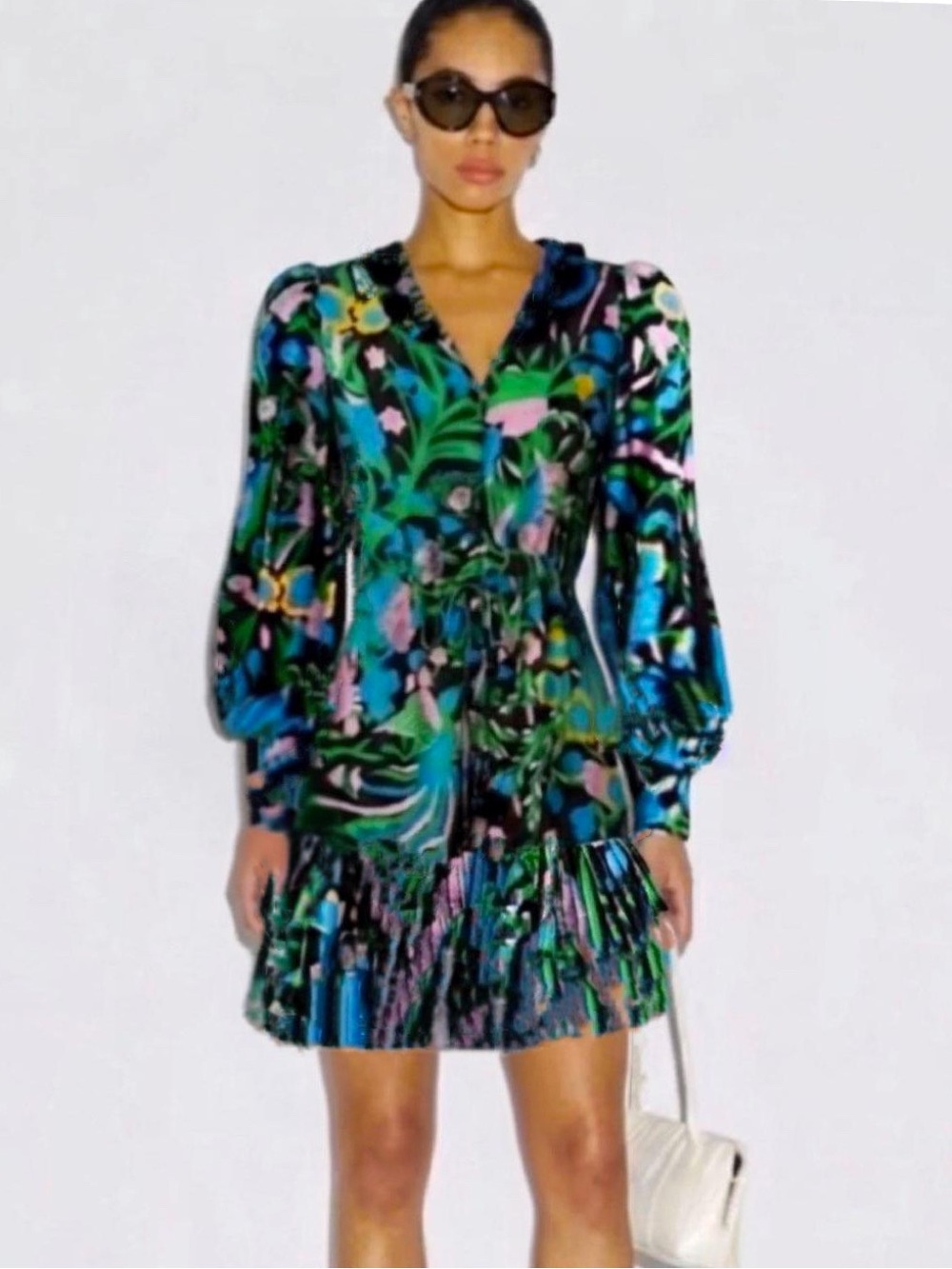 FIGUE Ella Ruffle Midi Dress - XS - Vibrant Birdsong Print & Pom Pom Details